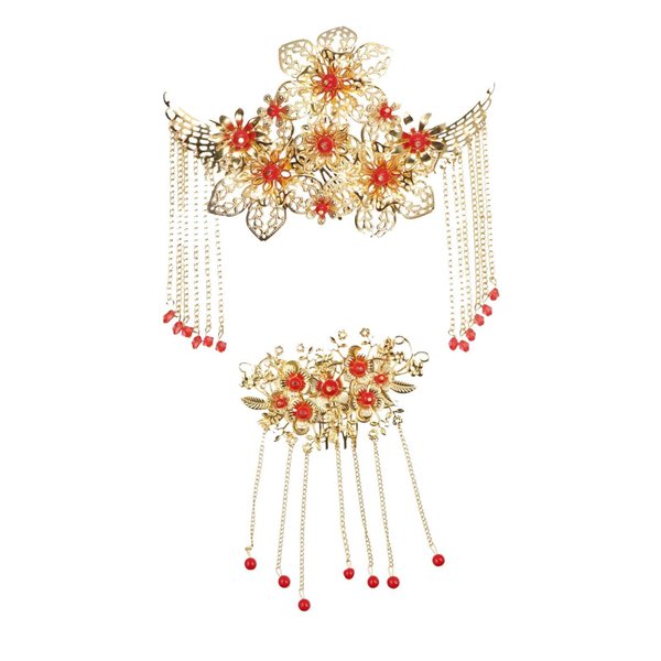 GUEDKIKL 2 Pcs Chinese Hair Comb Set with Long Tassel, Golden Traditional Classical Crystal Pearl Hair Sticks, Ancient Style Hair Accessories for Wedding