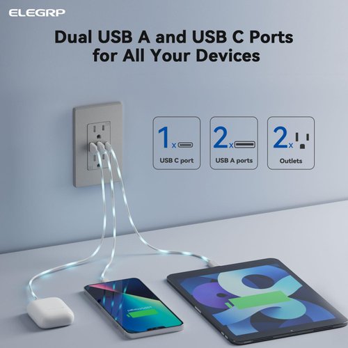 ELEGRP 30W 6.0 Amp 3-Port USB Wall Outlet, 15 Amp Receptacle with USB Type C & Type A Ports, USB Charger for iPhone/iPad/Samsung/LG/HTC/Android Devices, UL Listed, w/Wall Plate, 2 Pack, Matte Gray
