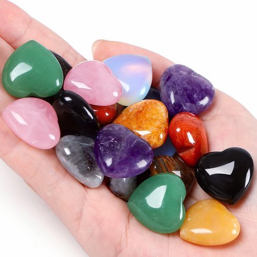 QINJIEJIE 10PCS Crystals Healing Crystals Heart Stones Rocks Thicken Hearts Rose Quartz Amethyst Love Crystal Gemstones Set Bulk Gifts Polished Chakra Stone Cute Pocket Reiki Balancing Mothers Gifts for Women