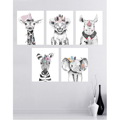 Stickerbrand Nursery Safari Baby Animal Posters (set of 5) Prints. Baby Elephant, Giraffe, Rhino, Lion and Zebra. Unframed. Great gifts for Baby shower, Kids Bedroom or Bathroom Decor. #P1022