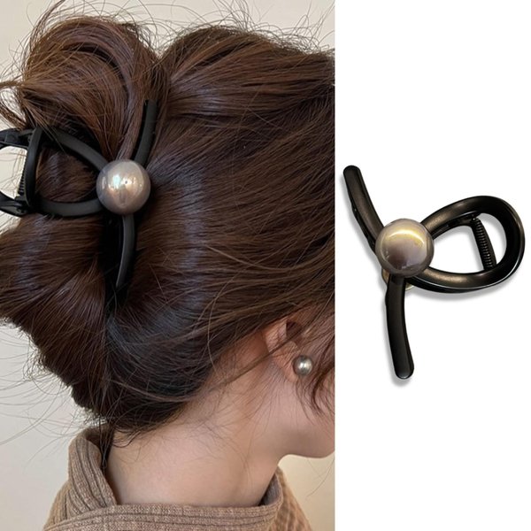 Matte Black Pearl Hair Claw Clips Elegant Pearls Hair Claws for Women French Medium Hair Clip for Thick Hair Black Tip Rhinestone Hair Barrette Hair Ornaments Hair Accessory Hairpin for Girls 1Pcs