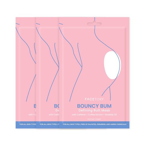 FACETORY Bouncy Bum Defining Butt Mask with Caffeine, Rosehip Oil, and Ferments - Spa Sheet Mask for the Body- Renewing, Hydrating, Softening - Includes 2 Masks 1 for Each Cheek, 3 Pairs