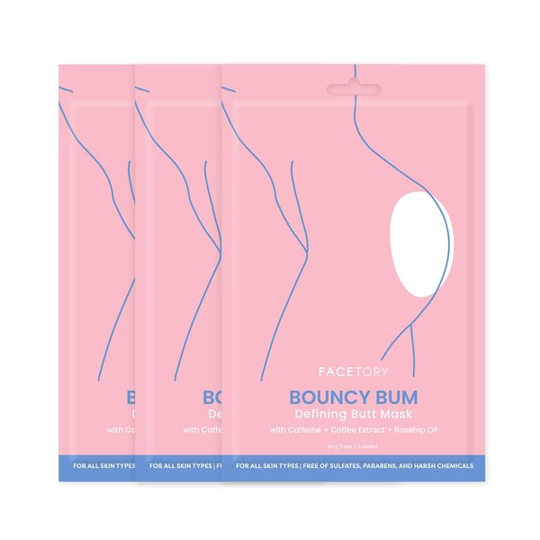 FACETORY Bouncy Bum Defining Butt Mask with Caffeine, Rosehip Oil, and Ferments - Spa Sheet Mask for the Body- Renewing, Hydrating, Softening - Includes 2 Masks 1 for Each Cheek, 3 Pairs