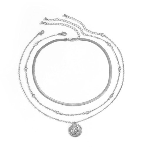 JWICOS Silver Multilayer Snake Bone Chain Necklace Dainty Layered Decorative Beads Disc Round Moon and Star Medal Pendant Embedded Rhinestone Necklace for Women and Girls (Silver)