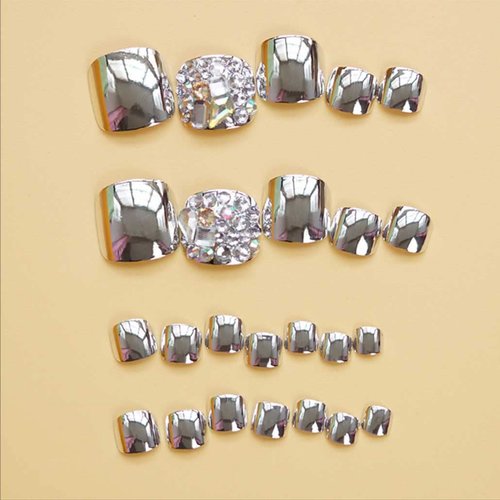 Foccna Glitter Silver Fake toenails,Press on Nails,Fake Nails,Luxury False Toenails Acrylic Foot False Nails Rhinestone Press on Toenails for Women and Girls, 24pcs