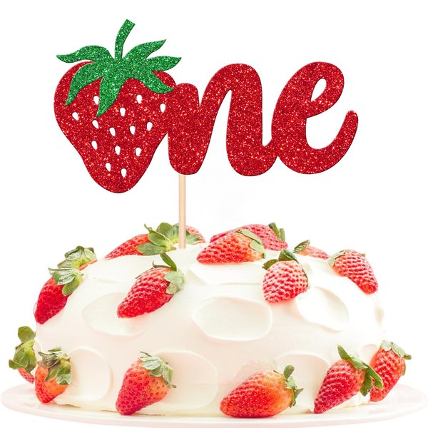 1 PCS Strawberry One Cake Topper Glitter First Birthday Sweet One Strawberry Cake Pick Berry 1st Birthday Cake Decoration for Strawberry Theme Baby Shower Kids 1st Birthday Party Supplies Red