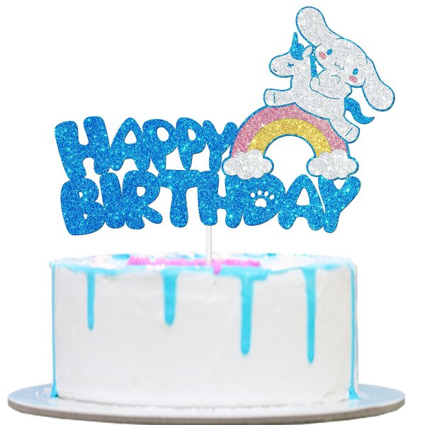 Blue Glitter Cartoon Birthday Cake Topping, Kids Birthday Cake Decoration (blue)