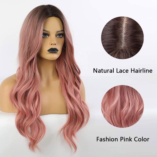 piaou Ombre Black to Pink Wig Synthetic Wigs for Women Long Natural Wave Heat Resistant Hair Wigs Natural Looking Cosplay Wig for women (Ombre Black to Pink)