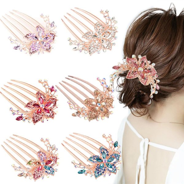 KuuGuu 6 PCS Flower Floral Hair Combs Bridal Wedding Hair Crystal Rhinestones Women Hair Side Combs Hair Accessories for Women