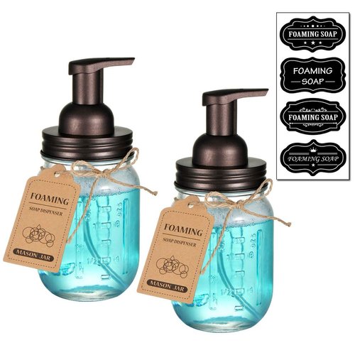 Mason Jar Foaming Soap Dispenser - Rustproof Stainless Steel Lid/BPA Free Foam Pump,with Chalkboard Labels - Rustic Farmhouse Decor Hand Soap Dispenser Bathroom Accessories – Bronze (2 Pack)
