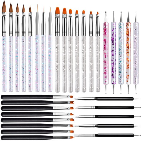 EBANKU 33pcs Acrylic Nail Brush Set UV Gel Nail Art Brushes Nail Art Builder Brush 3D Double Ended Dotting Nail Art Liner Painting Pen Brushes Nail Extension Gel Brush Tool for Nail Salon Home Use