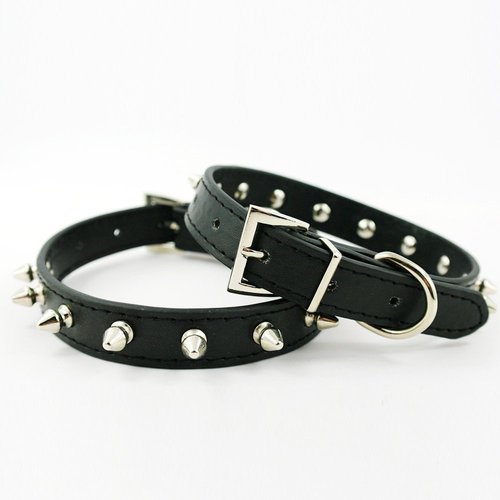 Dogs Kingdom Pu Leather One Row Studded Spiked Adjustable Dog Collar Black M