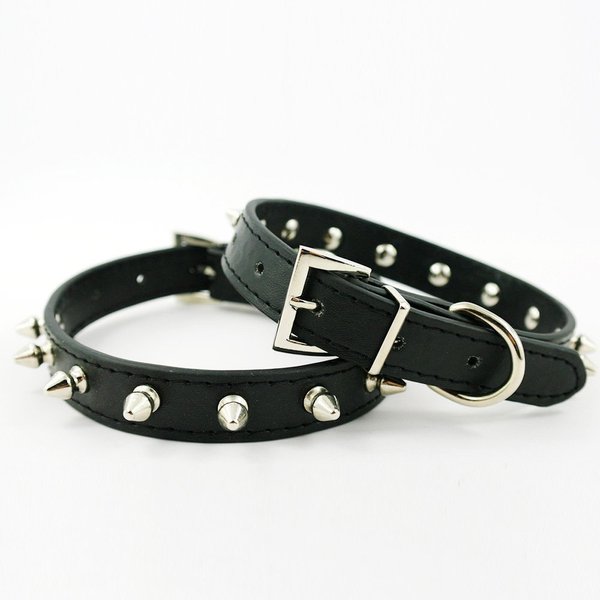 Dogs Kingdom Pu Leather One Row Studded Spiked Adjustable Dog Collar Black M