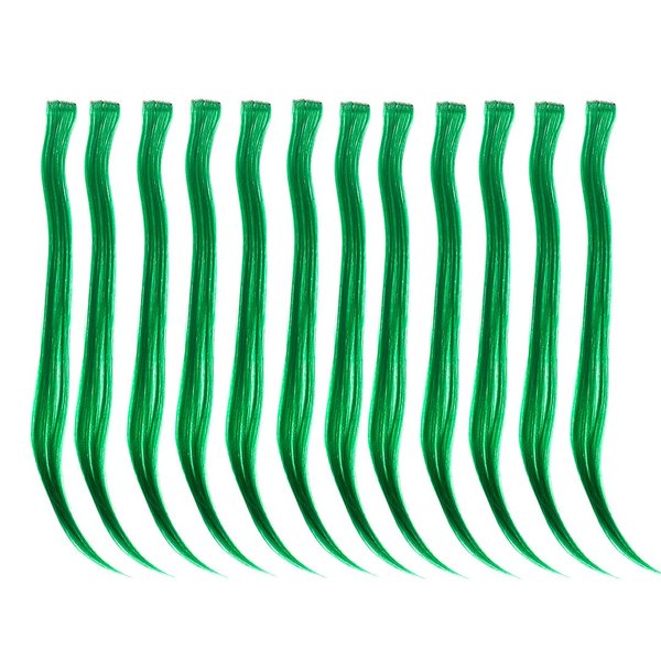 SWACC 12 Pcs Straight One Color Party Highlights Clip on in Hair Extensions Colored Hair Streak Synthetic Hairpieces (Green)
