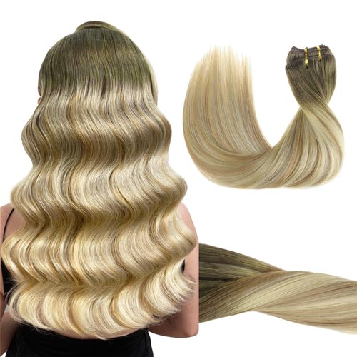 GOO GOO Clip in Hair Extensions Real Human Hair, 18inch 120g 7Pcs, 5A/90/16F Bahamian Balayage, Remy Human Hair Extensions Clip ins for Women, Natural Human Hair