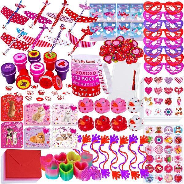 Winlyn 152 Pcs Valentine's Day Stationery Toy Assortment Set Valentine Goodie Bag Stuffers Valentine Prizes Rewards Bulk for Kids Students Valentine Party Favors Treats School Classroom Gift Exchange