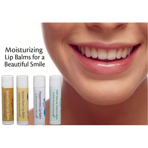 Set of 4 Lip Balms | Peppermint, Butter Rum, Spiced Chai, Natural | 100% Natural Ingredients | Soothe and Moisturize Chapped Lips | Coconut Oil, Cocoa Butter, Vitamin E | by Bella Des Natural Beauty