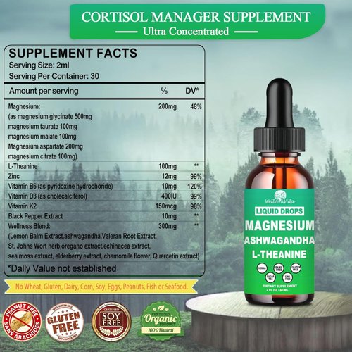 Cortisol Supplements for Women & Men, Cortisol Calm Detox Manager Reducer w. Magnesium Ksm-66 Ashwagandha L-Theanine Vitmain D3 K2 B6, Cortisol Liquid Drop for Recess Mood & Hormone Balance, Lemonade