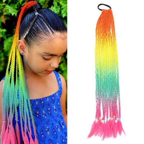 meigick Colored Braiding Hair Ponytail with Hair Tie 24” Rainbow Ponytail Extension Long Braided Synthetic Ponytail HairPieces Highlights Orange Crazy Day Hair Accessories for Women Girls Kids