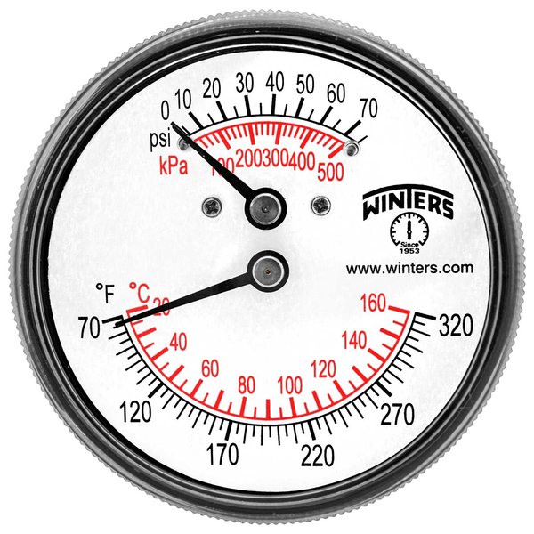 Winters TTD Series Steel Dual Scale Tridicator Thermometer with 2" Stem, 0-75psi/kpa, 2-1/2" Dial Display, ±3-2-3% Accuracy, 1/4" NPT Back Mount, 70-320 Deg F/C