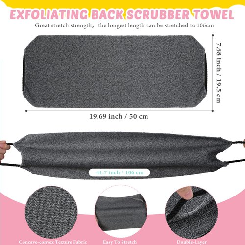4 Pack Exfoliating Back Scrubber Body Shower Bath Set, 2 Exfoliating Body Scrubber Nylon Back Washer, 2 Pairs Scrub Gloves for Skin Pull Strap Washcloth(Pink, Gray)