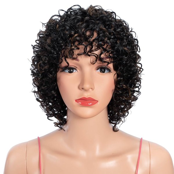 Rebecca Fashion 8" Highlight Brown Wigs for Black Women Human Hair, Short Curly Wigs with Bangs, 10A Brazilian Virgin 150% Density, Wear and Go Glueless Wigs (Black Mixed Brown)