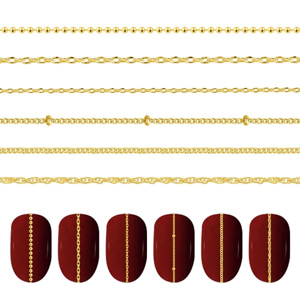 6 Strips Nail Charm Chains for Nail Art Chains Gold Studs Nail Charms Nail Strips Punk, 3D Nail Art Chain Supplies Metal Nail Caviar Beads Chain Accessories for DIY Nails Art Decoration