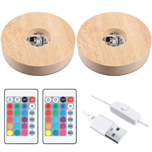 3.94 Inch Wooden Light Stand Base Colorful LED Lights Display Base with Remote Control for Selenite Tower 3D Laser Crystal Glass Resin Art (2 Pieces)