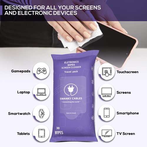 Swanky Cables Screen Cleaner Wipes: Electronic Wipes for Screens - Computer Screen Wipes for Lens, Phone, Tv Screen and Monitor Cleaning - Tech Wipes & Microfiber Cloth (120 Count, Soft Wipes)