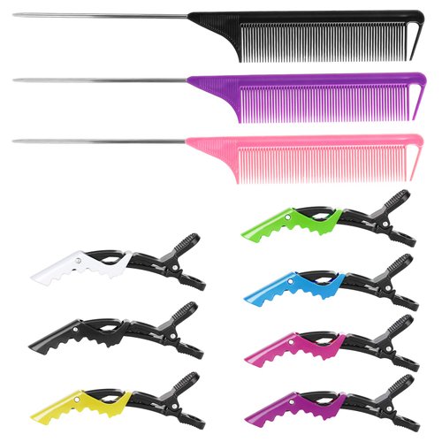Rat Tail Combs and Hair Clips: 3Pcs Rat Tail Combs，Parting Comb for Braids, Metal Long Steel Pin Rat Tail Teasing Combs and 7Pcs Alligator Styling Sectioning Clips of Professional Hair Salon Quality