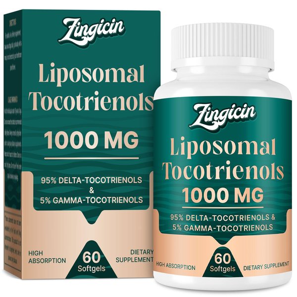 Zingicin Vitamin E Tocotrienols - Liposomal Vitamin E Oil 1000mg, Highly Absorbable Delta Tocotrienol and Gamma Tocotrienol, 60 Softgels
