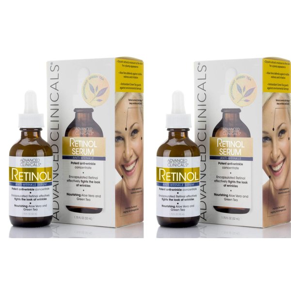 Advanced Clinicals Retinol Facial Serum Moisturizer Skin Care For Face, Anti Aging Retinol Concentrate Reduces Appearance Of Wrinkles & Fine Lines W/Aloe Vera & Green Tea, 1.75 Fl Oz (Pack of 2)