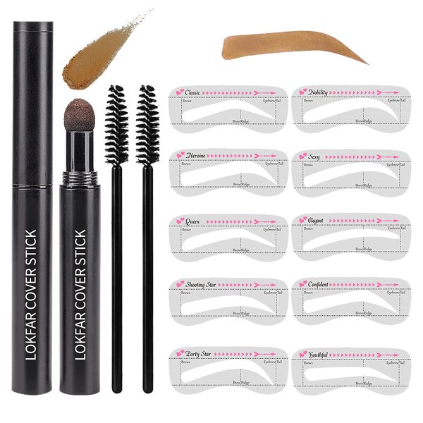 Eye-Brow Stamp Stencil Kit, Waterproof Brow Stamp Shaping Kit Eyebrow Definer, Eyebrow Filling Powder Stamp, Eye Brow Stamping Kit with 10 Eyebrow Stencils, 2 Eyebrow Brushes for Women (Light Brown)