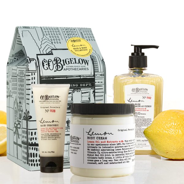 C.O. Bigelow Apothecary Trio, Lemon Hand and Body Care Gift Set of Three (3), Lemon Hand Wash 10fl oz., Body Cream 8 oz., and Hand Treatment, 3oz., Gift Box of Moisturizing Hand and Skin Care