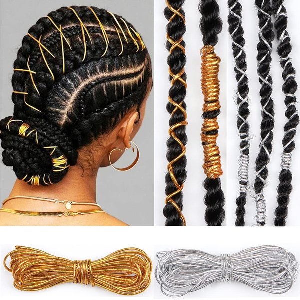 Gold SliverDreadlock Braids Hair Accessories, 2 Pieces 5M Braiding Hair Deco Styling Shimmer Stretchable African Braid Braided Elastic Cord Ornament Hanging Decorating Gift Wrapping