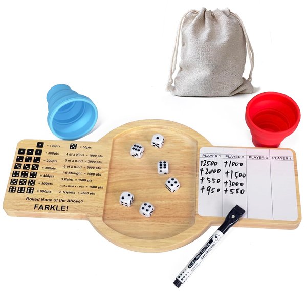 Tuiiopoli Farkle Dice Tray Set, Classic Game Oak Wood Tray with 2 Dice Shaking Cups 6 Pearl Dice Erasable Pen & Score Pad Family Party Travel Camp Game Ideal for 2-4 Players (12 Inchs)