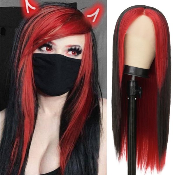 Siudus Red Black Lace Front Wig for Women Long Silky Straight Synthetic Heat Resistant Side Part Halloween Costume Hair Wigs