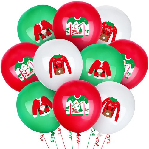 Zomiboo 60 Pcs Christmas Ugly Sweater Balloons 12 Inch Red Green White Xmas Latex Balloons for Lets Ugly Sweater Christmas Party Supplies Christmas Themed Party Winter Decorations