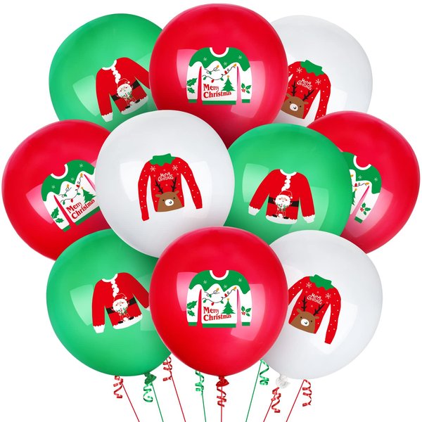 Zomiboo 60 Pcs Christmas Ugly Sweater Balloons 12 Inch Red Green White Xmas Latex Balloons for Lets Ugly Sweater Christmas Party Supplies Christmas Themed Party Winter Decorations