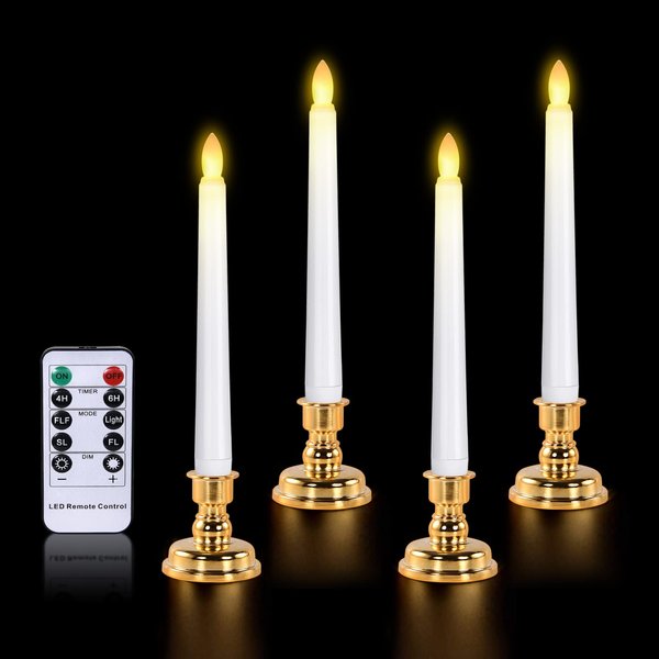 JOSU Taper Candles Battery Operated: 4PCS Flameless Candles with Remote Control - 3D Wick Led Candles Flickering +4 Gold Candlesticks, for Halloween Decorations, Christmas Decor and Wedding Decor