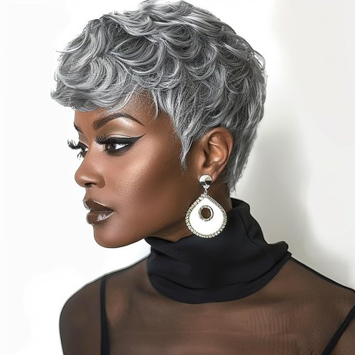 Gray Pixie Cut Wig Short Wigs For Black Women Pixie Cut Gray Wigs With Bangs Natural Curly Synthetic Hair Wigs Layered Short Womens Wigs(Gray)
