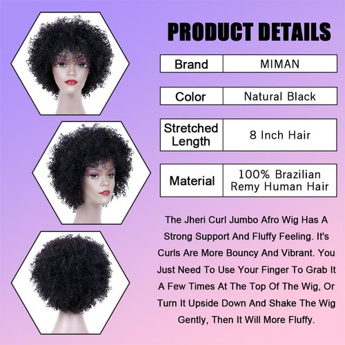 MIMAN Short Afro Wigs for Black Women Human Hair Wig Natural Black Kinky Curly Wigs Hair Replacement Wigs 60s 70s Disco Queens Halloween Costume Cosplay Wig