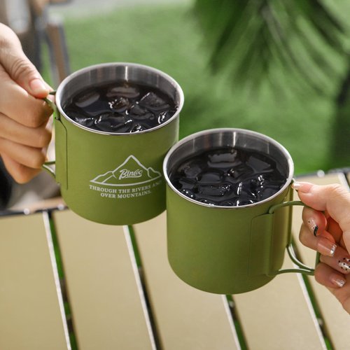 Bincoo 304 Stainless Steel Camping Cups Set of 2 - Enamel Coffee Mugs with Foldable Handles for Camping, Hiking, and Picnic, 10oz Capacity, Eco-Friendly and Sturdy. (Green)