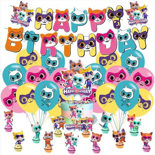 Super Cats Birthday Decorations, Super Cats Party Supplies Include Happy Birthday Banner, Cake Topper and Cupcake Toppers, Balloons for Kids Party Decor
