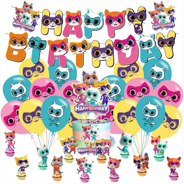 Super Cats Birthday Decorations, Super Cats Party Supplies Include Happy Birthday Banner, Cake Topper and Cupcake Toppers, Balloons for Kids Party Decor