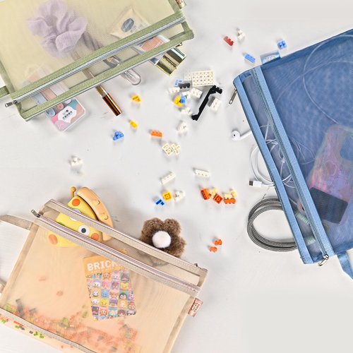 EMOOULI 4Pcs Colored Mesh Zipper Pouch Bags, Double-Layer Nylon Puzzle Storage, Organization Solution for Toys, Games, and More(4Pcs A4)