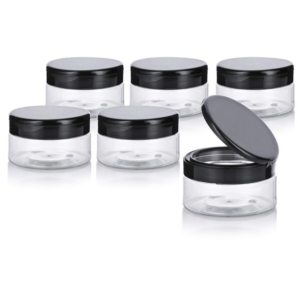 JUVITUS 8 oz Clear PET Plastic Refillable Low Profile Jar with Black Flip Top (6 pack)