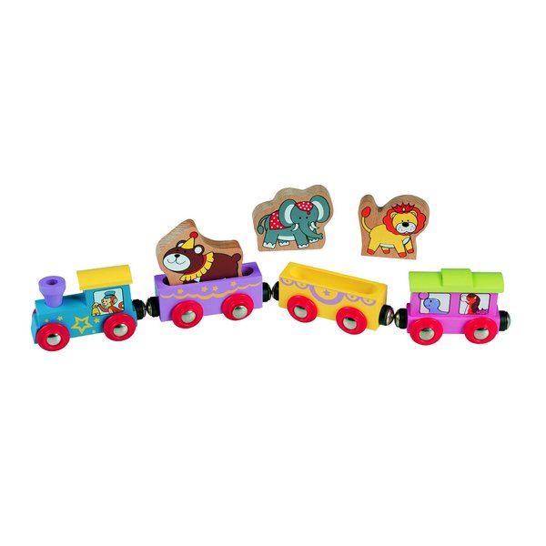 Maxim Enterprise, inc. Kids Circus Train with Steam Engine, 2 Cars, Caboose, 3 Wooden Animals, Colorful Hardwood Railway Set with Easy Magnetic Connectors, Sensory Learning Toy Train