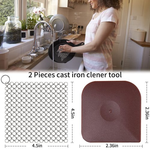 Most Basic 2 Pieces Set | Cast Iron Skillet Cleaner Scrubber Stainless Steel+Plastic Pan Pot Dish Scraper, Cleaning Kit for Carbon Steel Wok Grill Griddle Pan 316 Chainmail Cast Iron Tool, by Herda