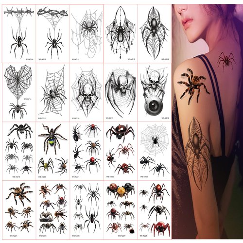 TopFunny Halloween Spider Tattoo, 20 Sheets Temporary Tattoo Sticker Decals Fake Tattoos for Kids Realistic Halloween Theme Prank Makeup Props Cosplay Party Favor Halloween Gifts Spider